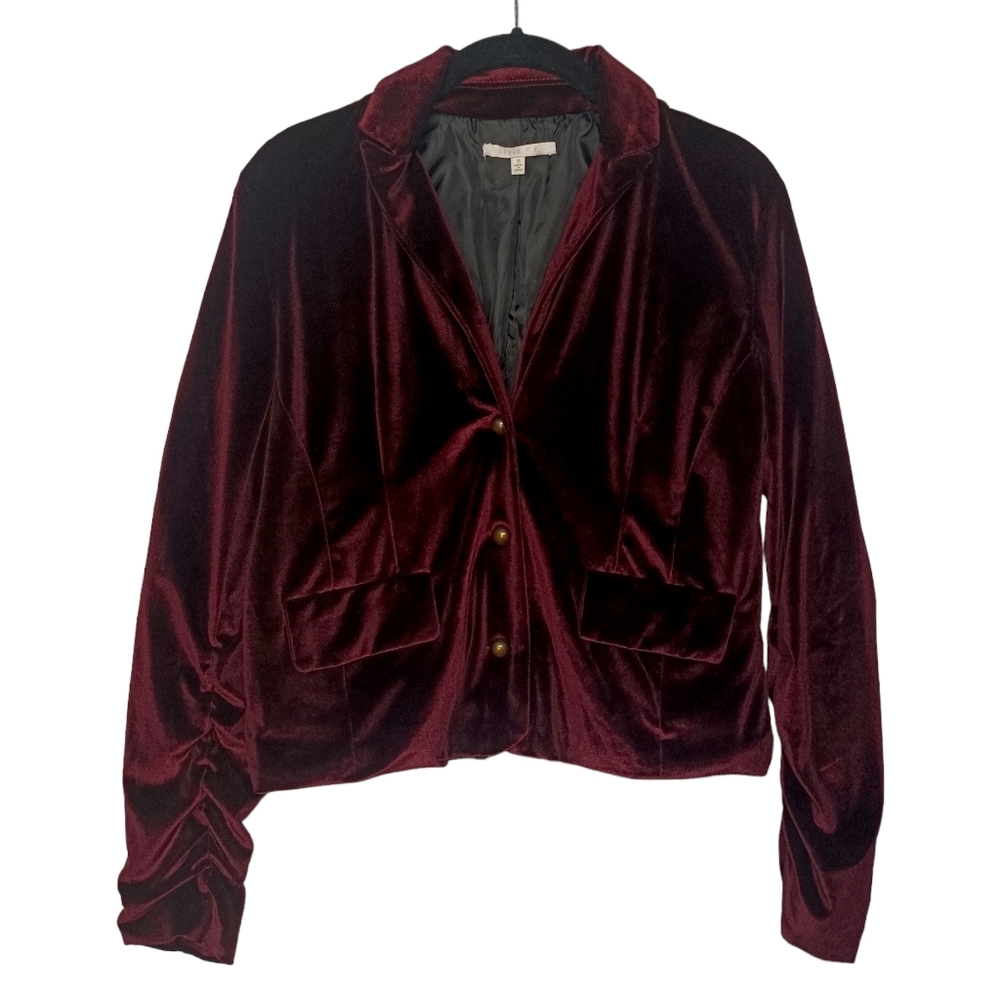 STYLE ME Burgundy Red Velvet Button Front Ruched Sleeve Blazer Jacket Small